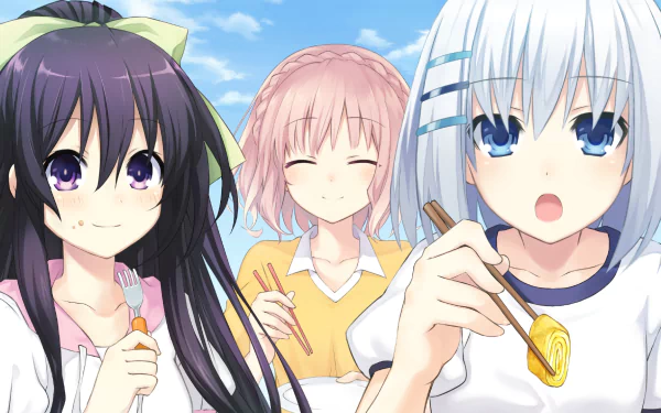 HD desktop wallpaper featuring Tohka Yatogami, Rinne Sonogami, and Origami Tobiichi from the anime Date A Live, enjoying a meal under a clear blue sky.