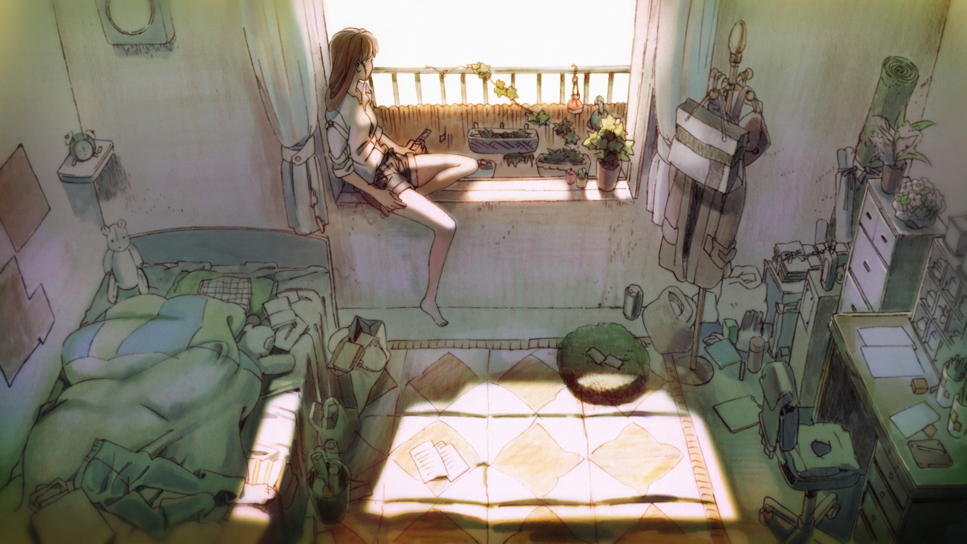 An HD anime desktop wallpaper featuring a girl sitting on a windowsill in a cozy, cluttered bedroom with sunlight streaming in.