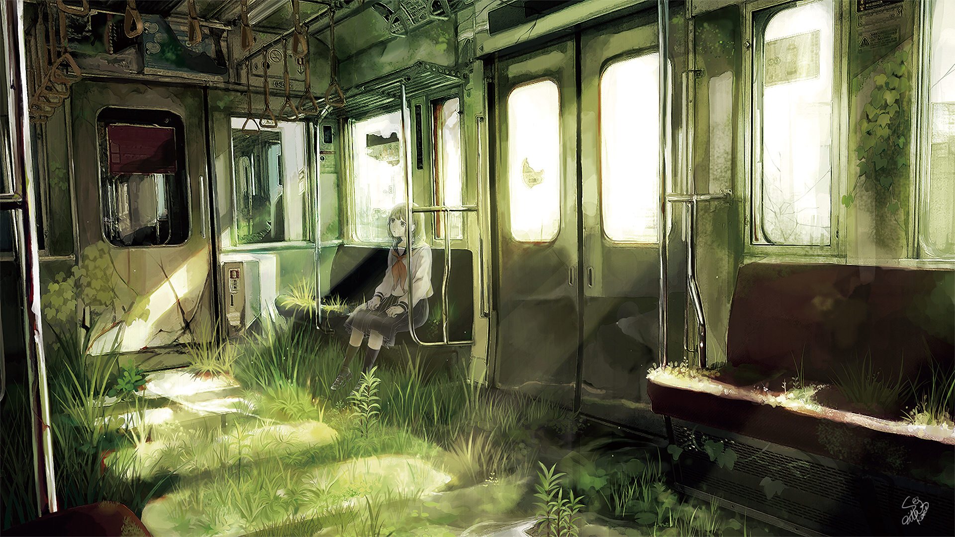 HD anime desktop wallpaper featuring an original scene of an abandoned train interior overgrown with grass and sunlight streaming through the windows.