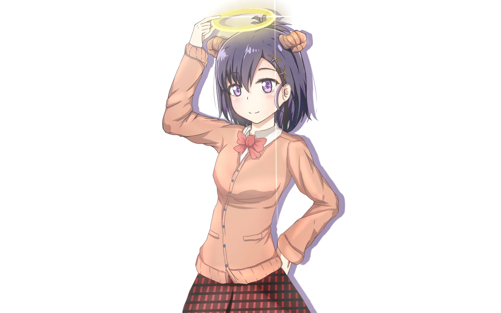 Vignette Tsukinose April from Gabriel DropOut in a school uniform, holding a hat — 2K Quad HD anime PC desktop wallpaper/background.