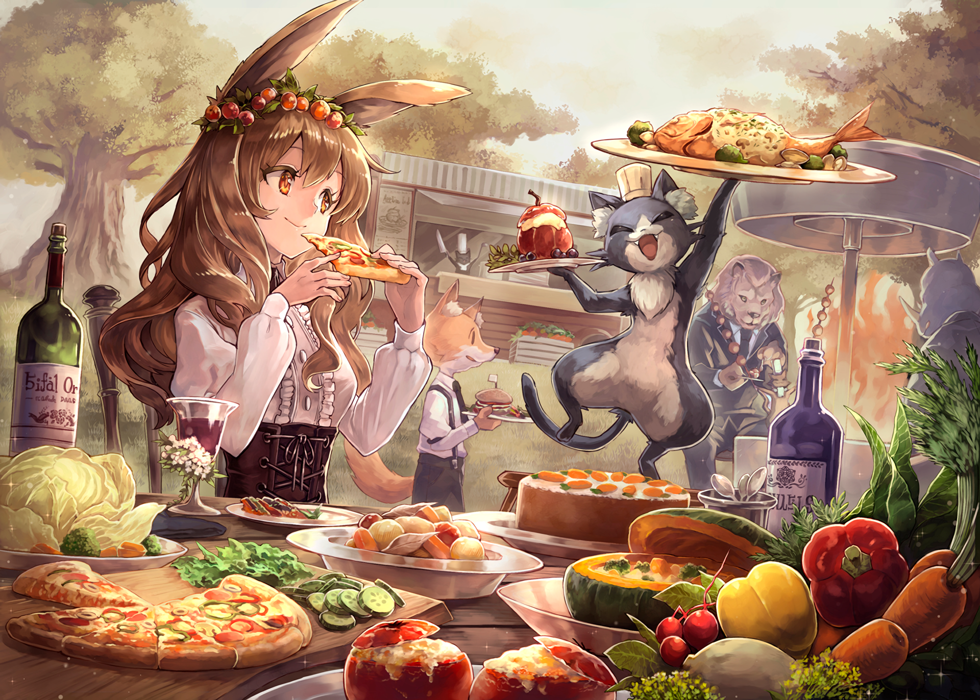 HD anime desktop wallpaper featuring an original scene of characters enjoying a festive outdoor feast, with a variety of foods and drinks artistically displayed.