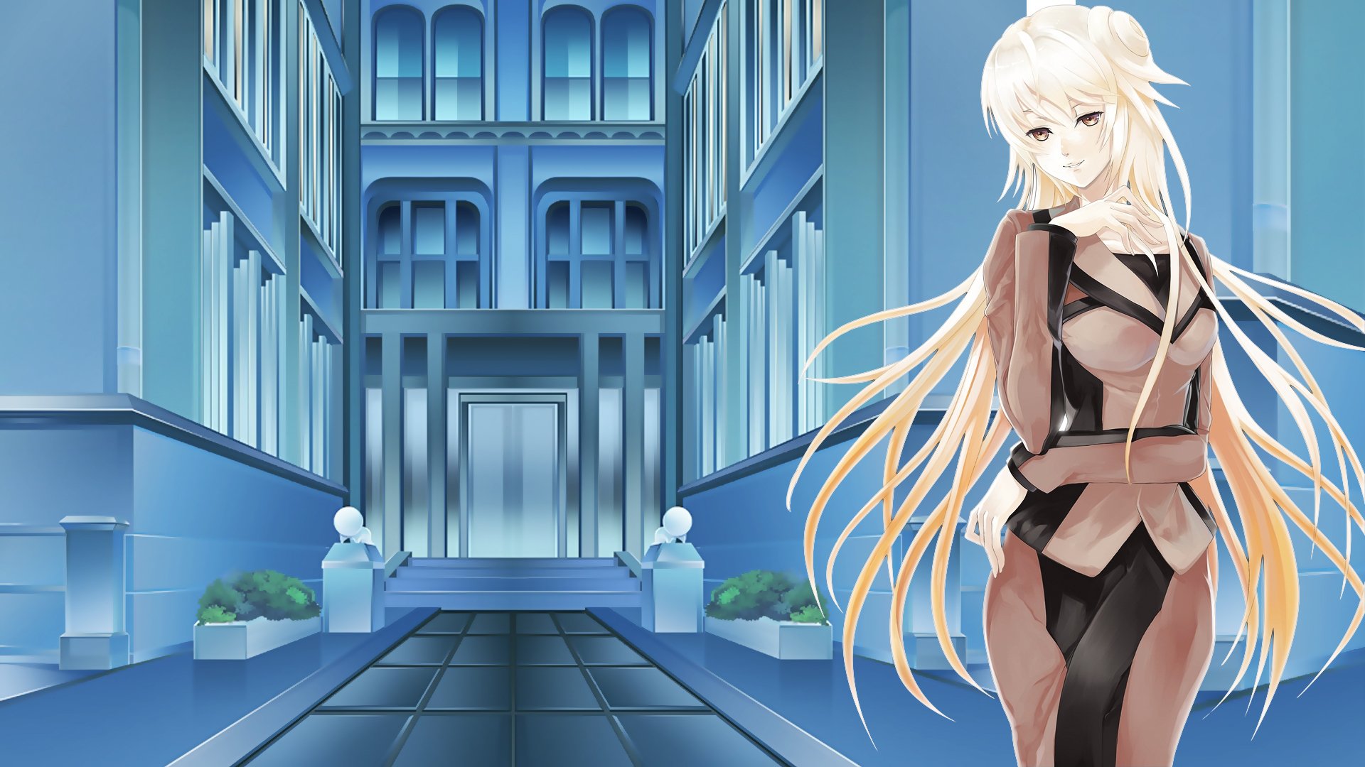 HD PC desktop wallpaper of Elcia (Area‑X) from the Area‑X video game: white‑haired character in a sleek tactical outfit posed in a cool blue futuristic corridor.