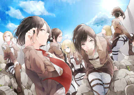 HD desktop wallpaper featuring Hange Zoë, Petra Ral, Ymir, Sasha Blouse, Annie Leonhart, Historia Reiss, and Mikasa Ackerman from the anime Attack on Titan, with a bright sky background and rocks.