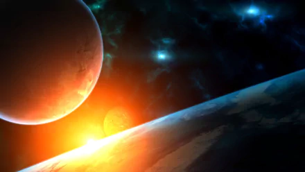 HD desktop wallpaper of a Sci-Fi planetscape featuring a glowing sunrise over a planet's horizon, with another planet and stars in the dark space background.