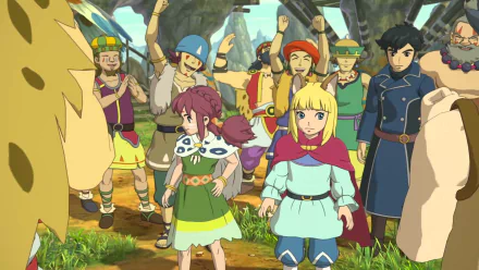 HD wallpaper of Ni no Kuni II: Revenant Kingdom featuring characters gathering in a vibrant landscape.
