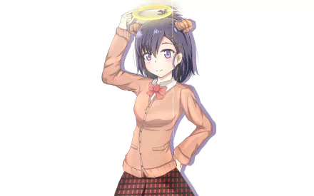 Vignette Tsukinose April from Gabriel DropOut in a school uniform, holding a hat — 2K Quad HD anime PC desktop wallpaper/background.