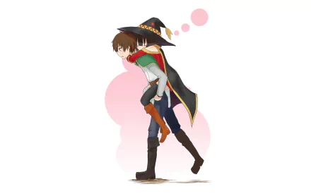 HD desktop wallpaper featuring Kazuma Satou carrying Megumin from the anime KonoSuba – God's blessing on this wonderful world!!, with a simple white background and a hint of pink.