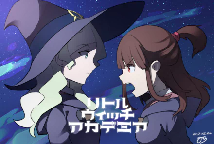 HD anime desktop wallpaper featuring Atsuko Kagari and Diana Cavendish from Little Witch Academia facing each other against a starry night sky background.