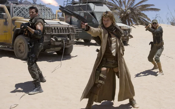 HD desktop wallpaper: Alice (Resident Evil: Extinction) and two armed companions stand in a sunlit desert beside military vehicles, aiming pistols near palm trees.