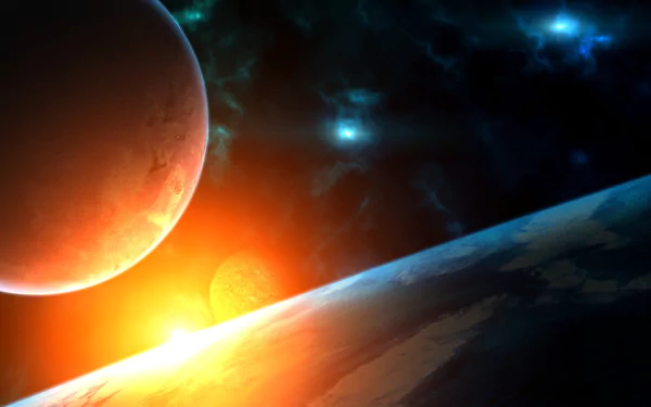 HD desktop wallpaper of a Sci-Fi planetscape featuring a glowing sunrise over a planet's horizon, with another planet and stars in the dark space background.