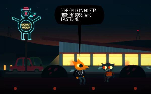 HD desktop wallpaper of a scene from Night in the Woods, featuring characters Mae and Gregg outside the Donut Wolf at night.