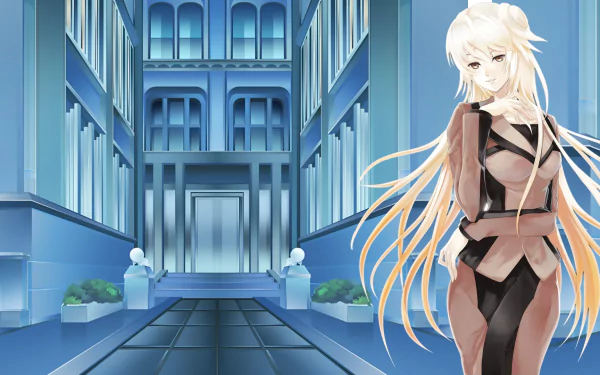 HD PC desktop wallpaper of Elcia (Area‑X) from the Area‑X video game: white‑haired character in a sleek tactical outfit posed in a cool blue futuristic corridor.