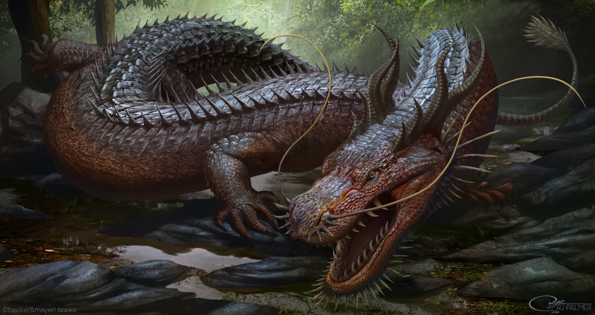 A detailed fantasy dragon with textured scales and long whiskers rests by a forest stream, rendered in 4K Ultra HD for PC desktop wallpaper.