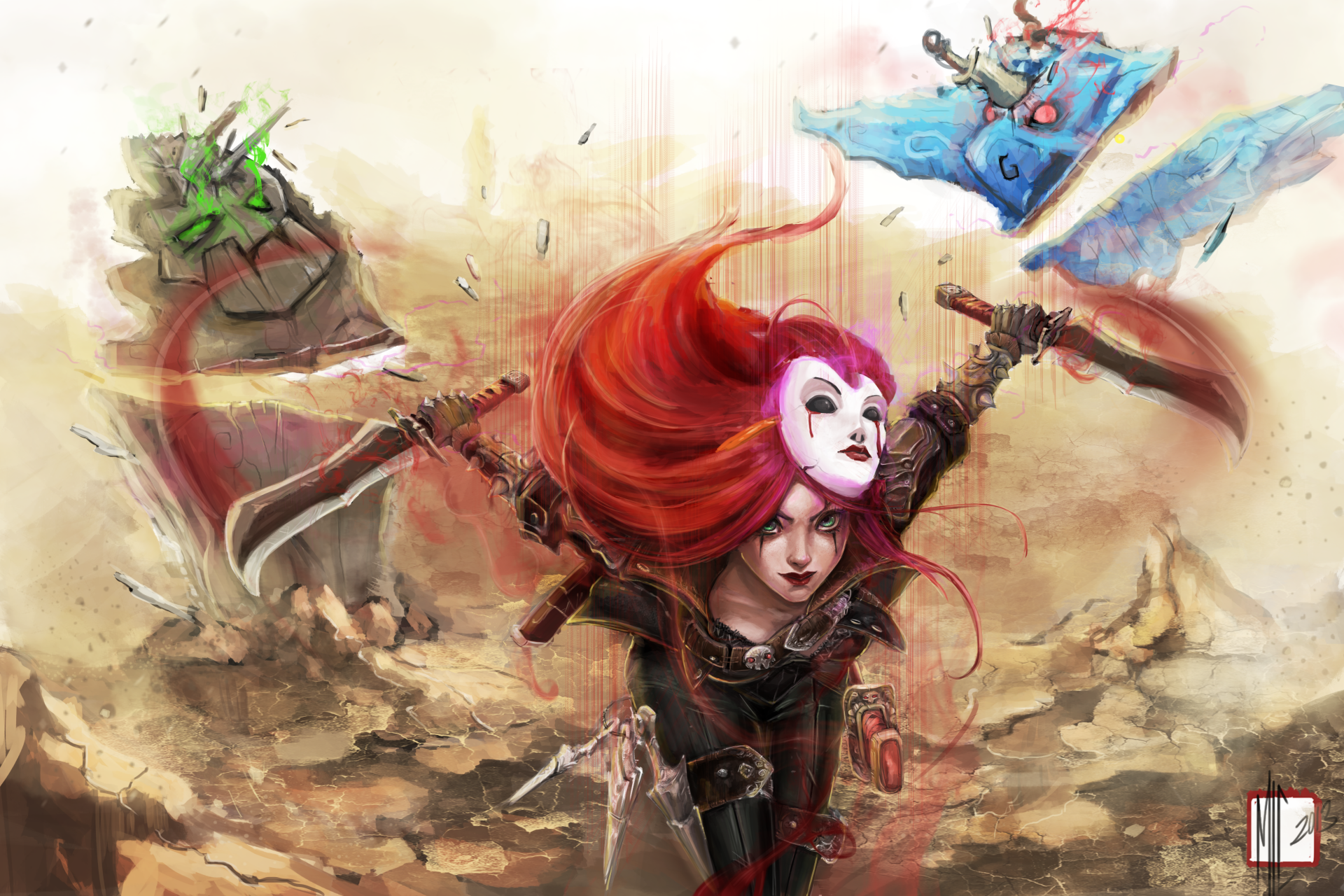 Katarina (League of Legends) charging forward with flowing red hair and twin blades, mask on her forehead amid swirling daggers and desert ruins — 4K Ultra HD PC desktop wallpaper background.
