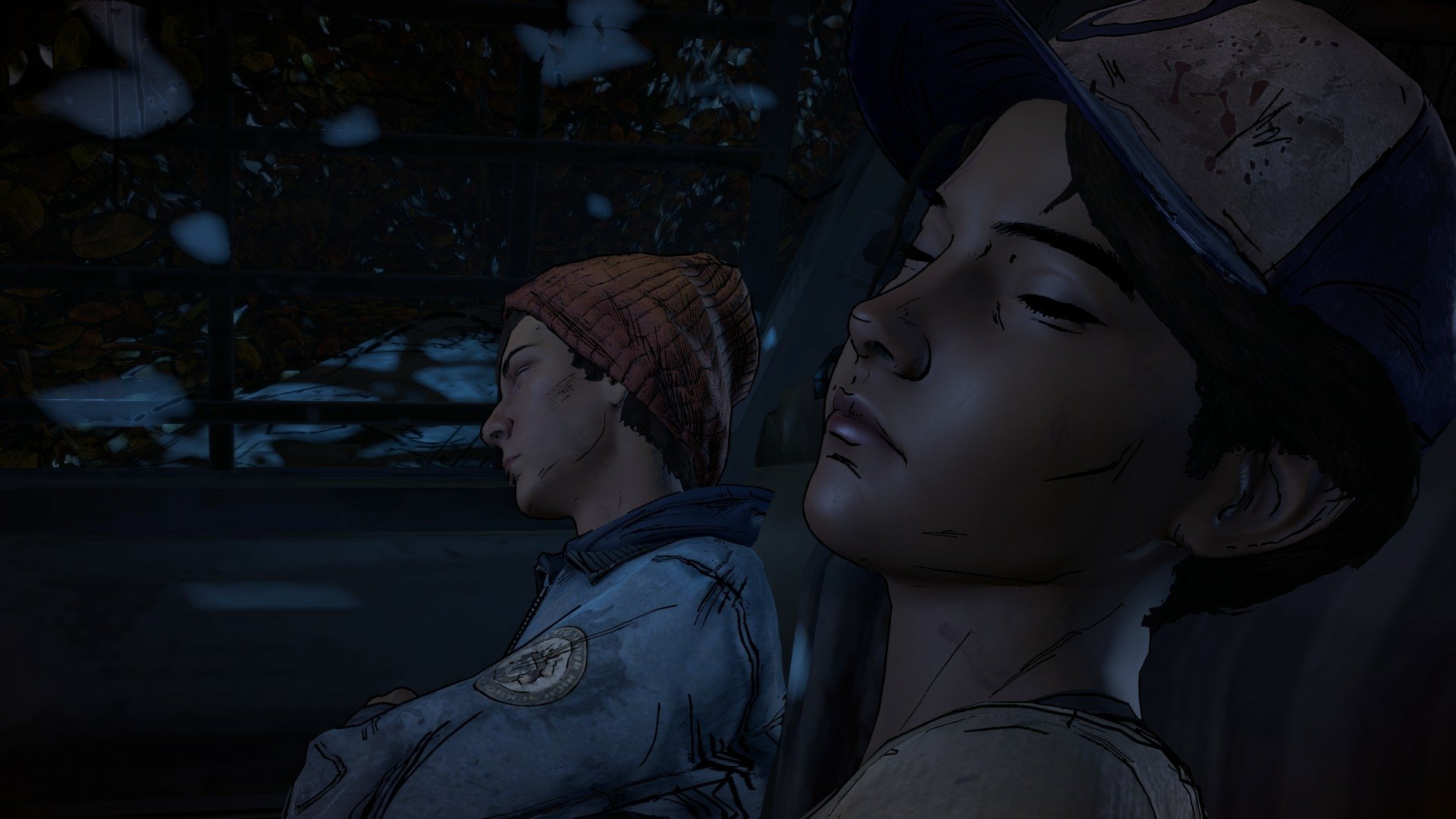 HD PC desktop wallpaper featuring Clementine from the video game The Walking Dead: A New Frontier, showcasing her in a tense night scene.