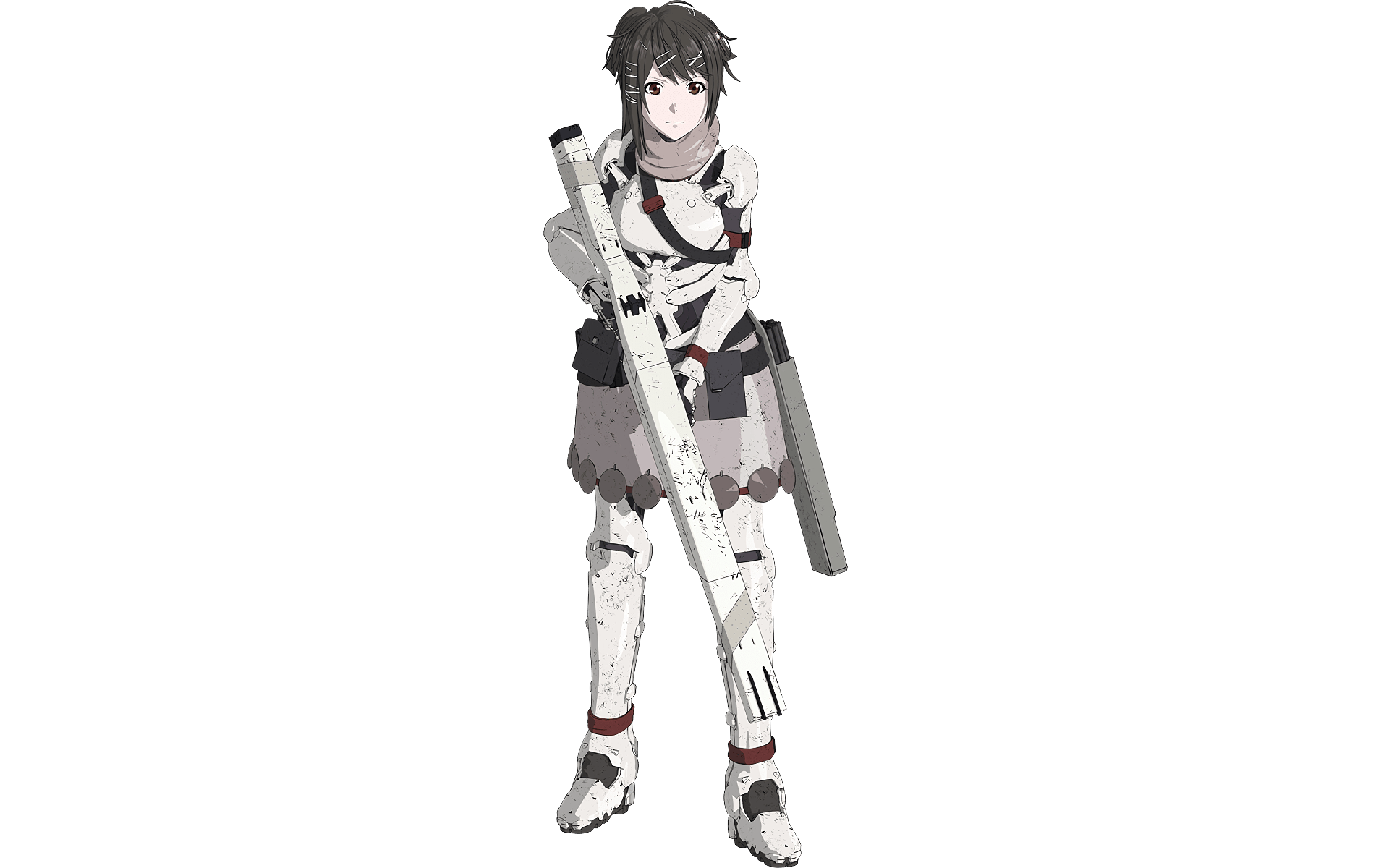 HD PC desktop wallpaper featuring a character from the movie Blame!, dressed in futuristic armor and holding a large weapon against a white background.