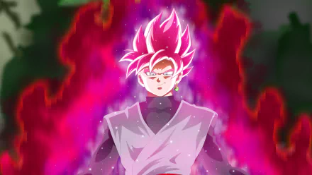 HD wallpaper featuring Black Goku in his Super Saiyan Rosé form from Dragon Ball Super, with a vibrant, glowing aura and intense colors.