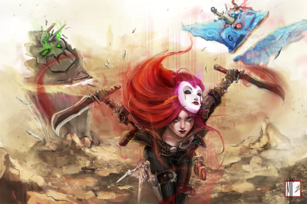 Katarina (League of Legends) charging forward with flowing red hair and twin blades, mask on her forehead amid swirling daggers and desert ruins — 4K Ultra HD PC desktop wallpaper background.