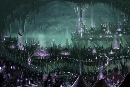 stalagtites cavern bat magic underground cityscape fantasy Sci Fi city sci fi city HD Desktop Wallpaper | Background Image