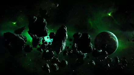 A stunning HD wallpaper featuring an asteroid field in space, illuminated by green hues, with a distant planet and stars highlighting the Sci-Fi theme.