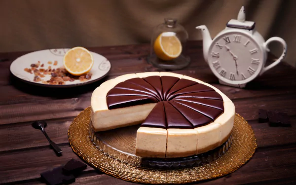 HD desktop wallpaper featuring a sliced chocolate-topped cheesecake on a golden platter, with a teapot clock and lemon slices in a warm still life pastry setting.