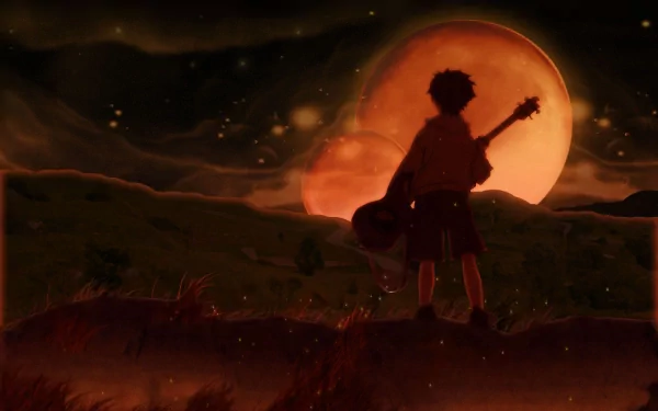 A dramatic HD anime wallpaper from FLCL, featuring a silhouetted figure holding a guitar against a backdrop of a large orange moon and a starry sky, evoking a sense of wonder.