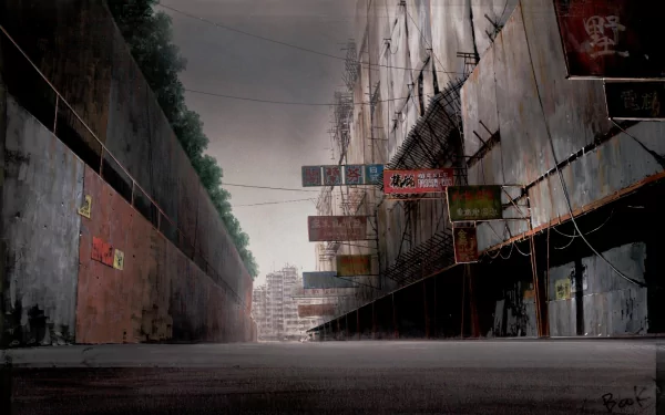 A high-definition desktop wallpaper featuring an atmospheric, dystopian cityscape from the anime 'Ghost in the Shell', with narrow streets and tall, worn buildings adorned with various signs.