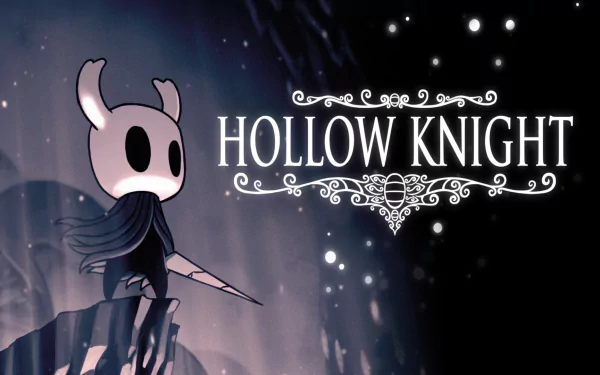 HD desktop wallpaper featuring the character from Hollow Knight with game title on a moody, atmospheric background.