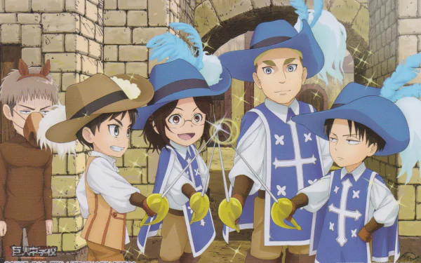 HD PC desktop wallpaper featuring Hange Zoë, Eren Yeager, and Levi Ackerman dressed as musketeers from the anime Attack on Titan: Junior High.