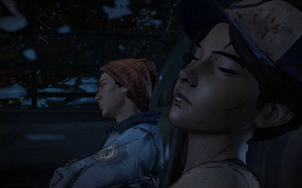 HD PC desktop wallpaper featuring Clementine from the video game The Walking Dead: A New Frontier, showcasing her in a tense night scene.
