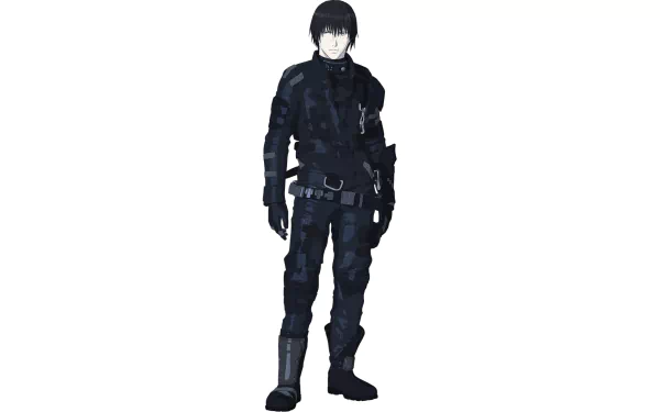 HD PC desktop wallpaper featuring a character from the movie Blame! dressed in black tactical gear against a white background.
