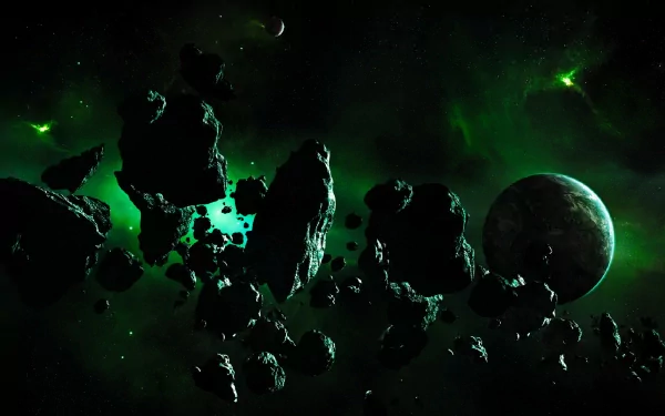 A stunning HD wallpaper featuring an asteroid field in space, illuminated by green hues, with a distant planet and stars highlighting the Sci-Fi theme.