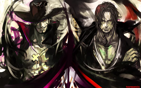 HD desktop wallpaper featuring powerful, detailed artistic renditions of Dracule Mihawk and Shanks from the anime One Piece.
