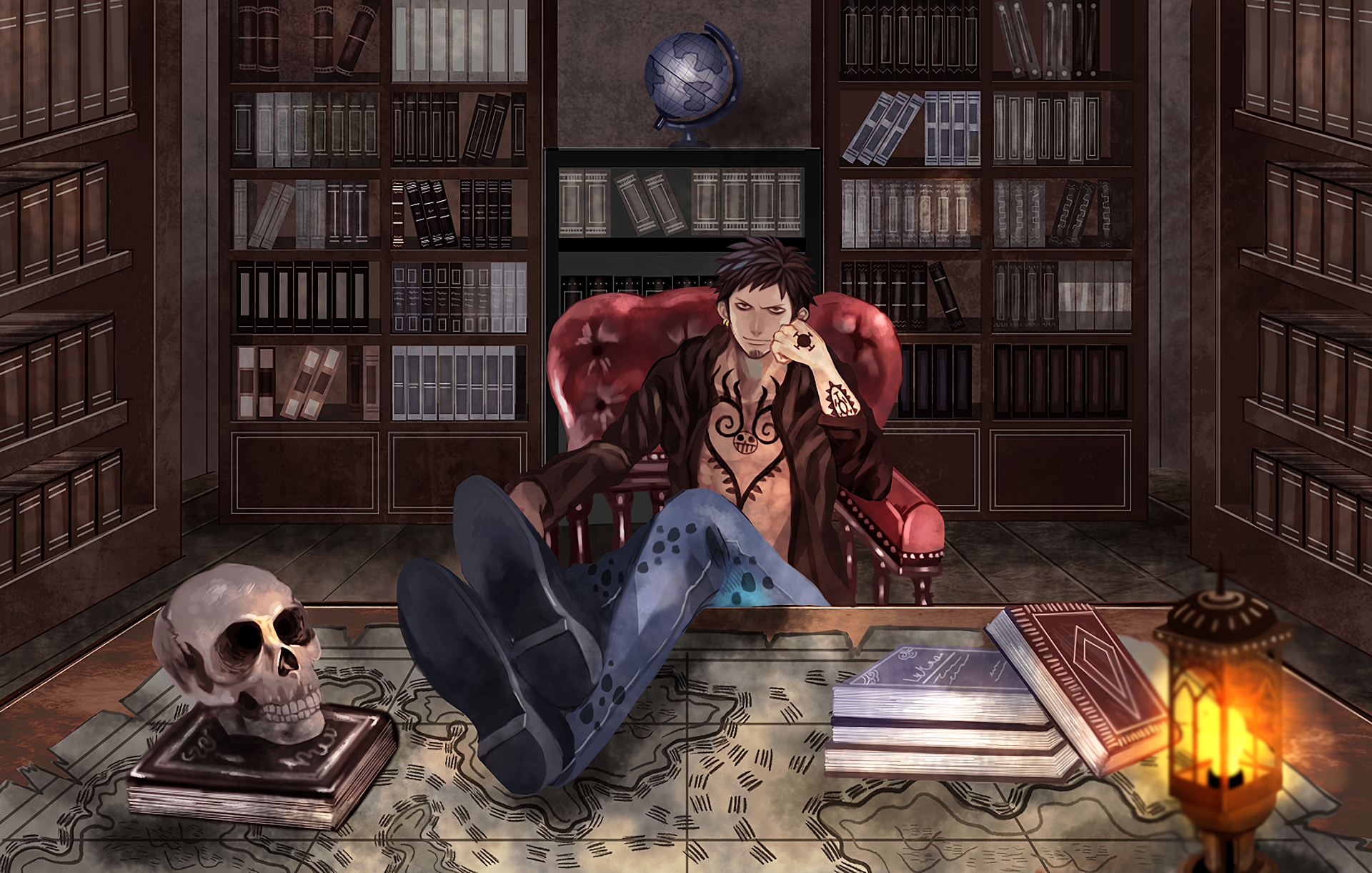 HD desktop wallpaper featuring Trafalgar Law from the anime One Piece, sitting relaxed in a chair within a dimly lit library with books and a skull on the table.