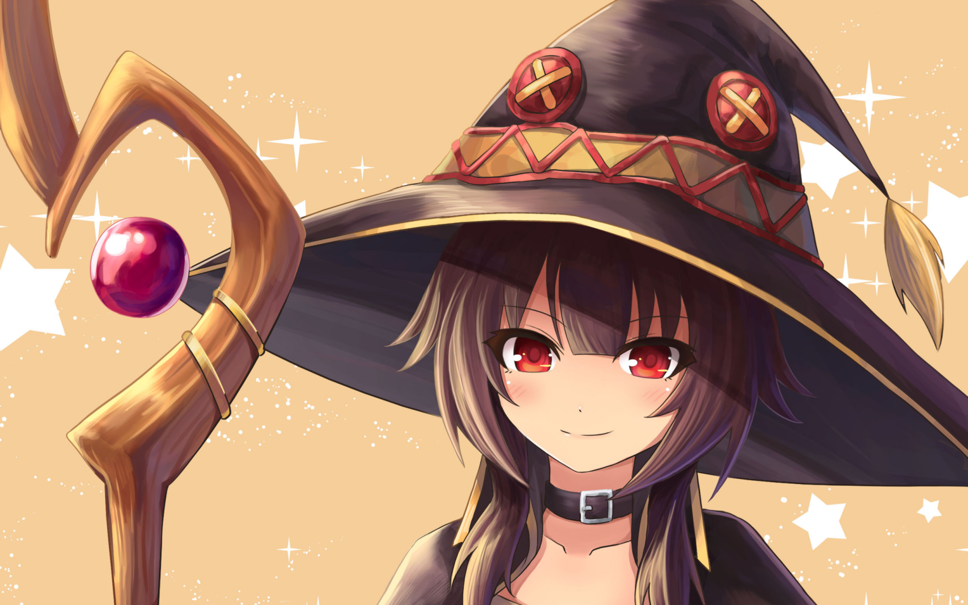 A high-definition desktop wallpaper featuring Megumin from the anime KonoSuba - God's Blessing on This Wonderful World!!. She is holding a staff with stars and sparkles in the background.