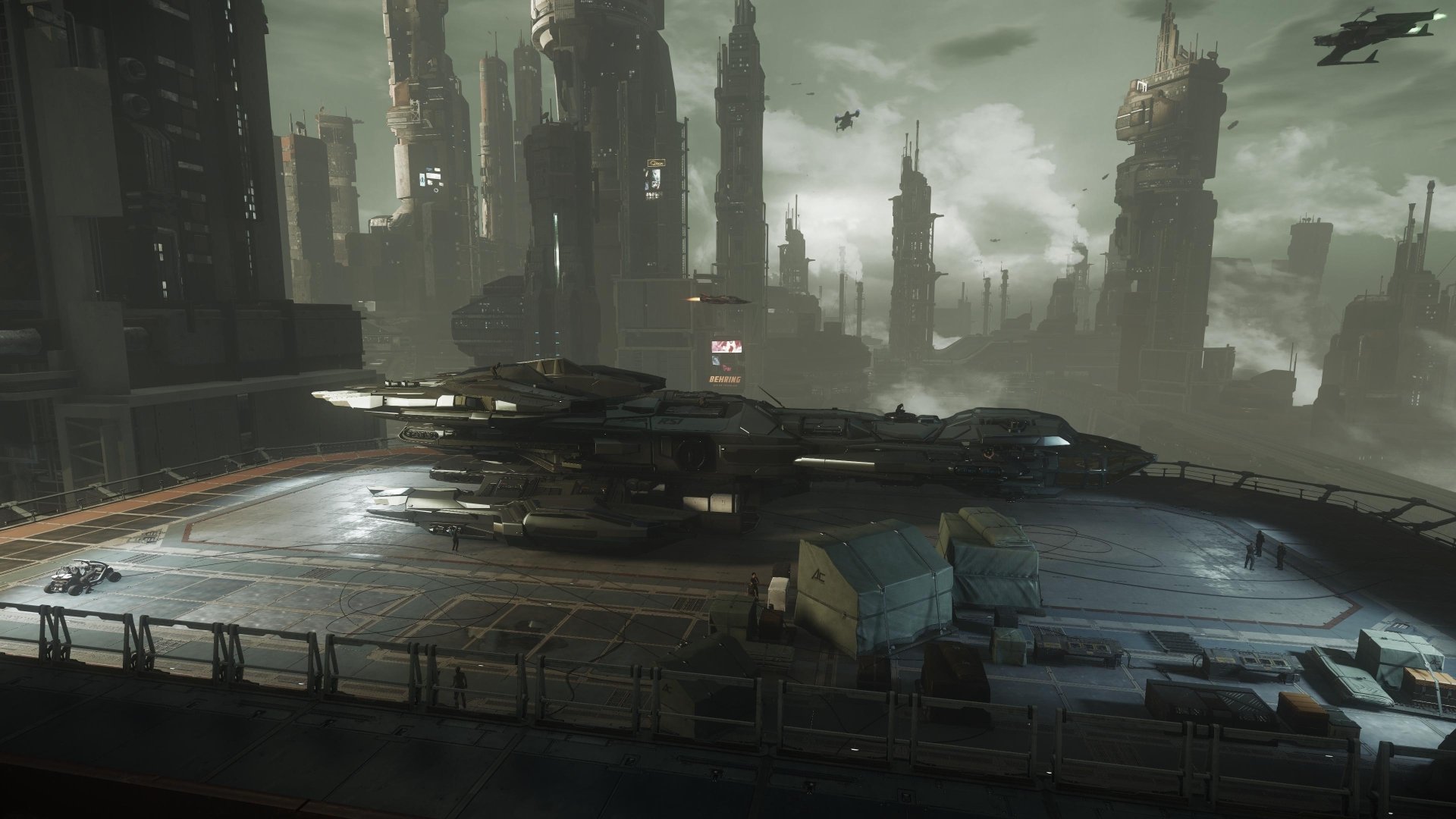 HD desktop wallpaper of a scene from the video game Star Citizen, featuring a spaceship parked on a platform in a futuristic cityscape with towering skyscrapers and a misty atmosphere.