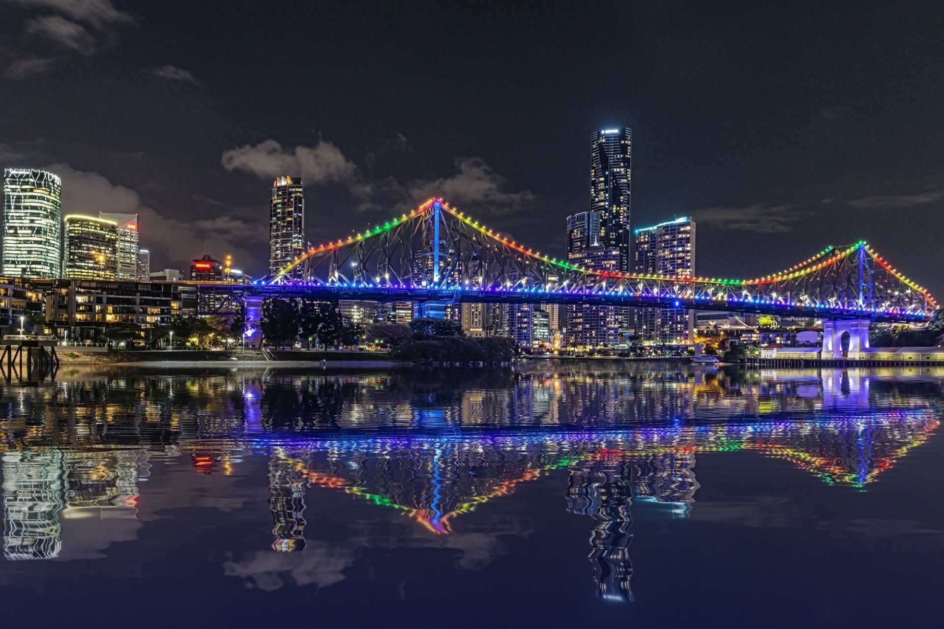 Download Skyscraper Light Reflection Bridge Night City Australia Brisbane Man Made Story Bridge HD Wallpaper