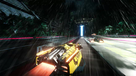 HD desktop wallpaper from Fast RMX featuring futuristic racecars speeding on a rain-slicked track.