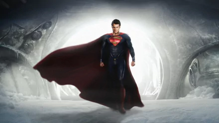 HD wallpaper featuring Henry Cavill as Superman from the movie Man of Steel, standing confidently with a billowing cape in a dramatic, icy setting.