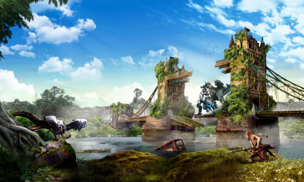HD desktop wallpaper featuring Aloy from the Horizon series, set in the lush, post-apocalyptic world of Horizon Zero Dawn with overgrown ruins and mechanical creatures in the background.