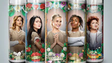 HD desktop wallpaper featuring main characters from the TV show Orange Is the New Black, depicted within ornate floral frames.