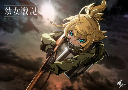 HD wallpaper of Tanya Degurechaff from the anime Youjo Senki, featuring Tanya in a dynamic mid-air pose against a dramatic sky.