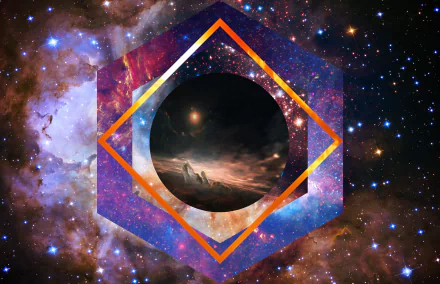 A vibrant polyscape galaxy artwork featuring geometric shapes with vivid cosmic colors, designed in stunning 8K Ultra HD for PC desktop wallpaper and background.