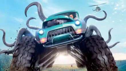 4K Ultra HD PC desktop wallpaper: teal monster truck with giant tentacles and a creature inside, driver visible, helicopter overhead, charging across a dusty field — movie Monster Trucks.