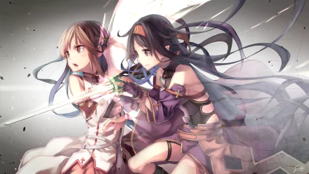 HD anime desktop wallpaper featuring two characters from Sword Art Online II, poised for battle with swords amid dynamic, flowing motion and detailed backgrounds.