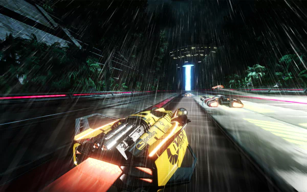HD desktop wallpaper from Fast RMX featuring futuristic racecars speeding on a rain-slicked track.