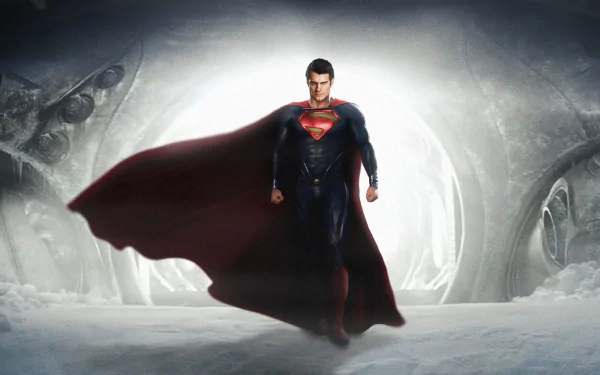 HD wallpaper featuring Henry Cavill as Superman from the movie Man of Steel, standing confidently with a billowing cape in a dramatic, icy setting.