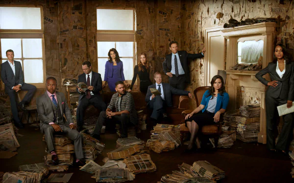 HD PC desktop wallpaper for the TV show Scandal: ensemble cast in a dim, paper-strewn room, promotional TV Show background.