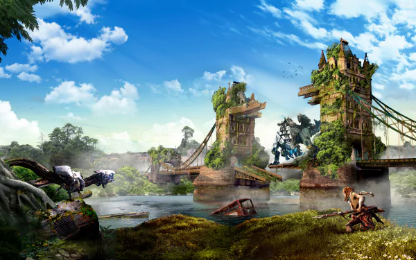 HD desktop wallpaper featuring Aloy from the Horizon series, set in the lush, post-apocalyptic world of Horizon Zero Dawn with overgrown ruins and mechanical creatures in the background.
