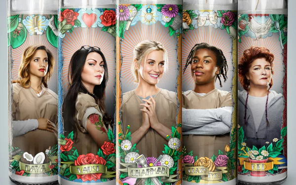 HD desktop wallpaper featuring main characters from the TV show Orange Is the New Black, depicted within ornate floral frames.